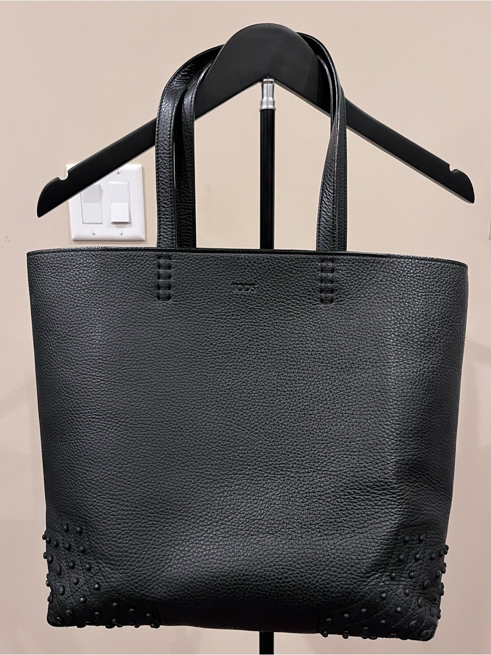 Tod's Black Pebbled Leather Gommini Studded Tote Bag